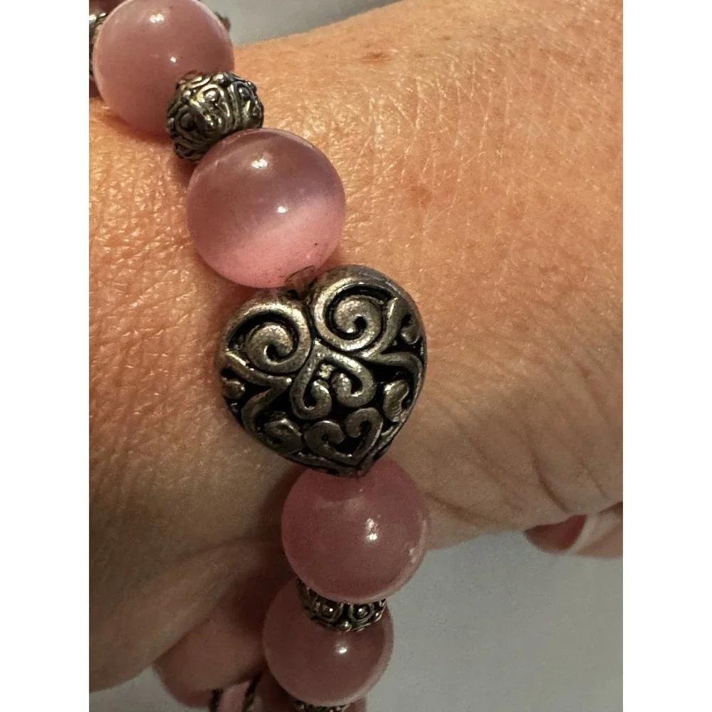 Stretch Silver Tone and Pink Beaded Bracelet Rose Fairy Boho‎ Cottage Feminine